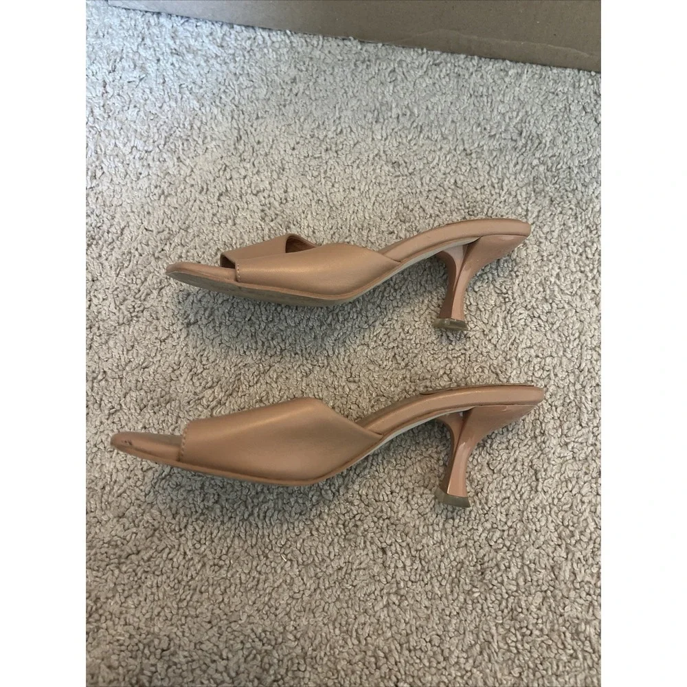Jeffrey Campbell Tan Nude Square Toe Mules Sandals Y2K Heel Size 6 Vegan Leather - Picture 6 of 7
